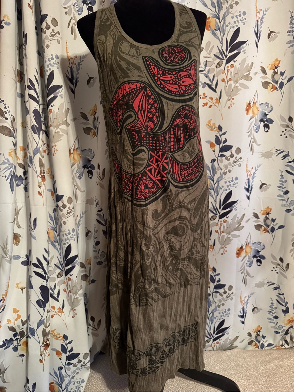 Sleeveless Olive Maxi Skirt Dress with Coral Graphic Size Large C3